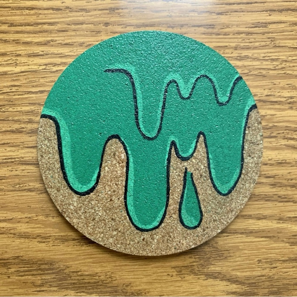 Green Grime Drip Painted Cork Coaster